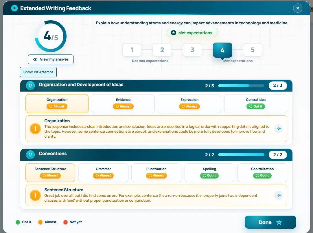 Extended writing feedback showing 4/5 score with component-by-component breakdown