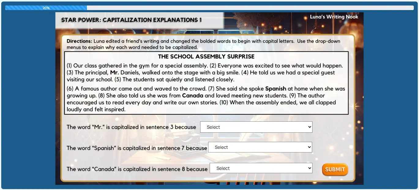 Luna's Writing Nook capitalization lesson with interactive dropdowns