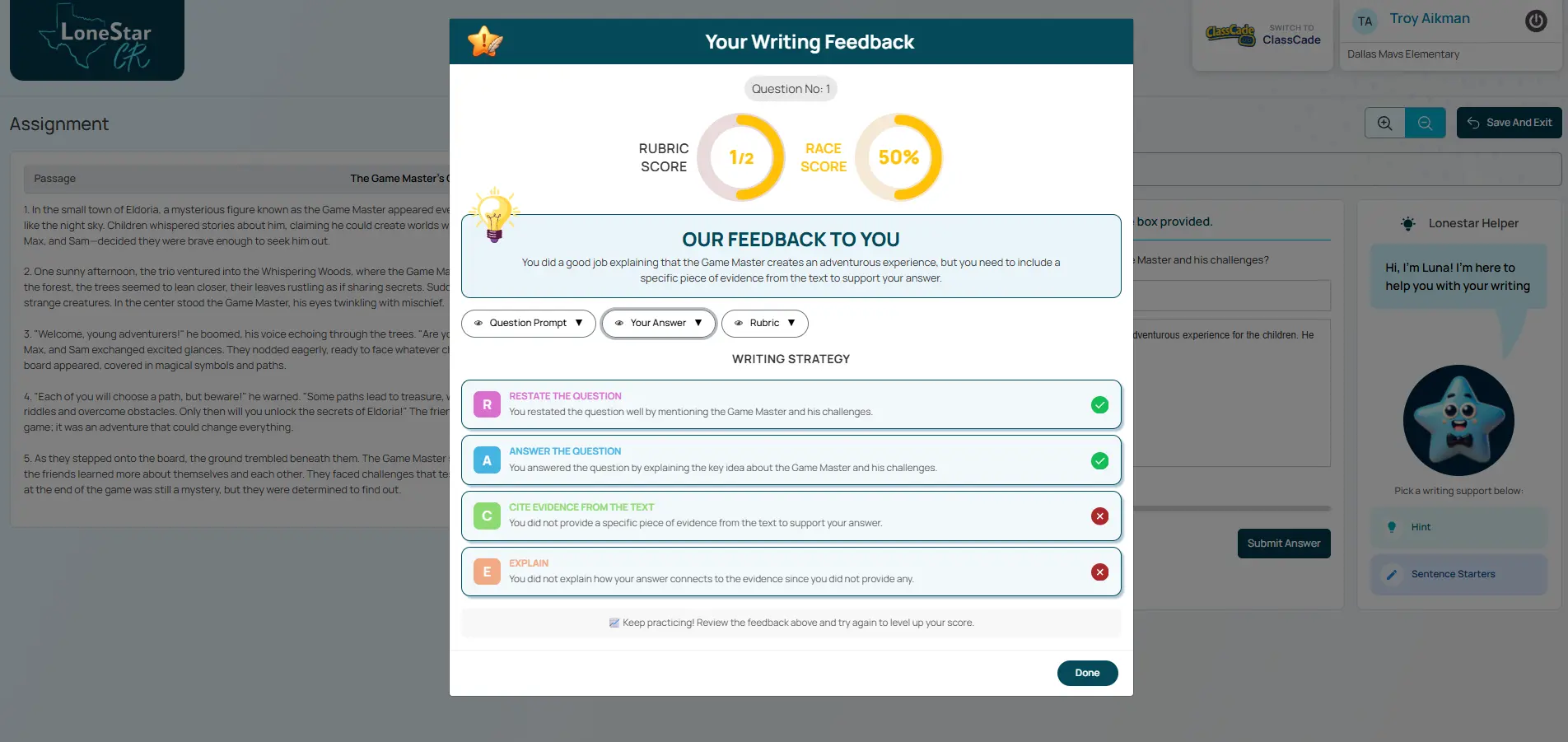 SCR feedback modal showing rubric score, RACE strategy breakdown, and coaching