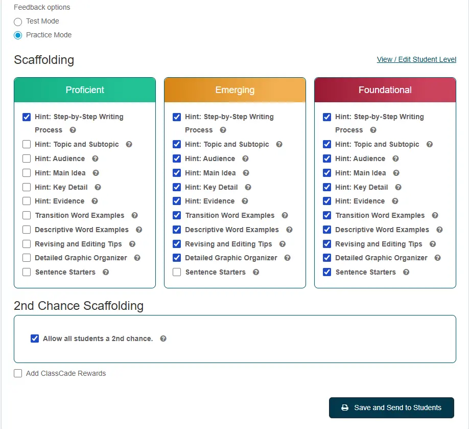 Scaffolding settings showing Proficient, Emerging, and Foundational support levels